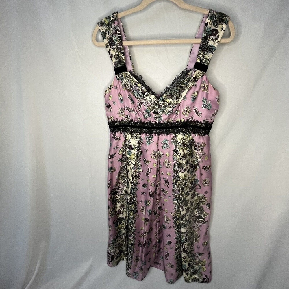 Nanette Lepore 10 Lavendar/Black Silk Sleeveless Empire Waist Dress-Birds/Horses